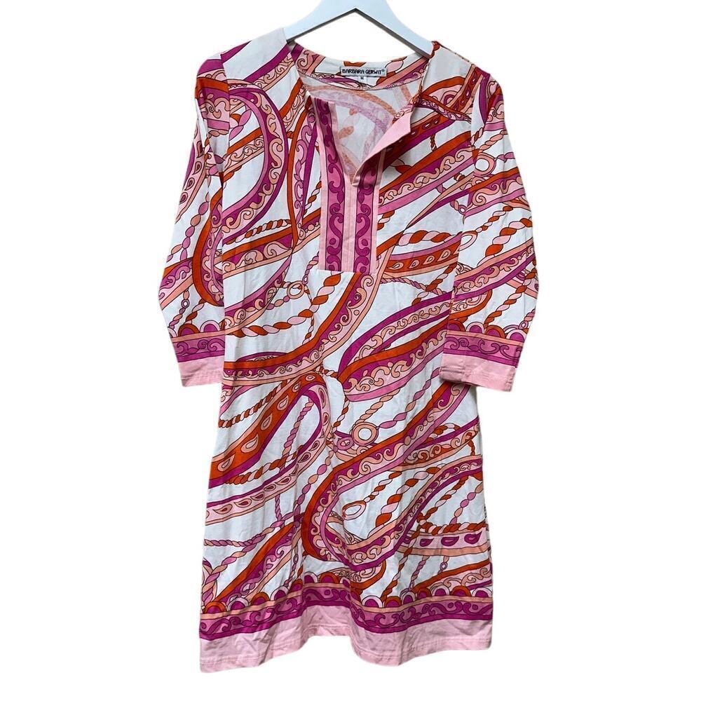 70s Pucci Inspired Colorful Resortwear Pink Abstract V-Neck Shift Dress Size M